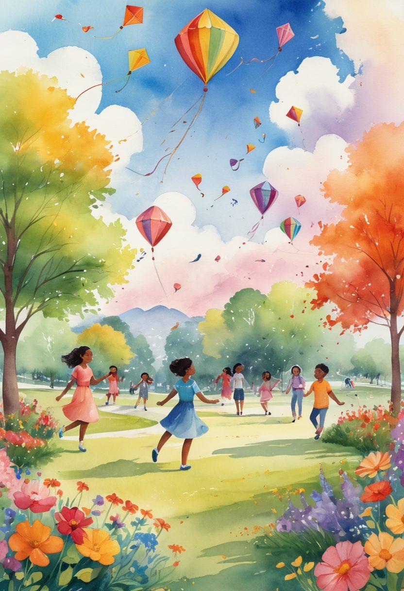 A whimsical scene depicting diverse individuals playing in a park, engaging in various joyful activities like flying kites, hopping on colorful pogo sticks, and dancing. The setting includes vibrant flowers and fluffy clouds above, radiating a sense of happiness and playful energy. Include children and adults of different ethnicities to symbolize inclusivity and joy. The color palette should be bright and cheerful. watercolor illustration. vibrant colors. playful.
