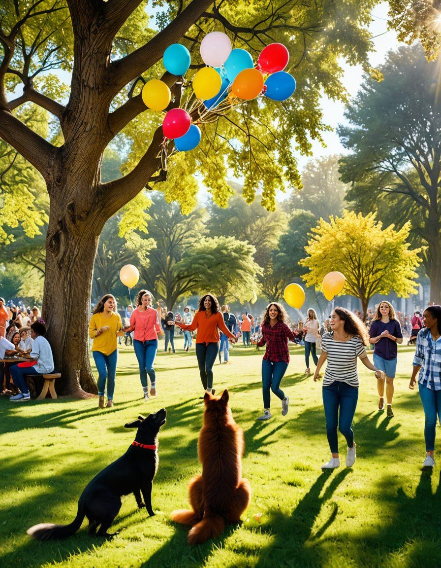 A bright and cheerful scene depicting diverse people laughing and engaging in fun activities like dancing, playing games, and sharing jokes in a colorful park. Incorporate elements of sunlight, balloons, and playful animals to enhance the atmosphere of joy and amusement. The vibe should be lively and inviting, encouraging viewers to embrace joy in their everyday life. vibrant colors. super-realistic.