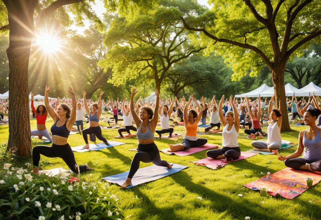 A joyful gathering of diverse individuals engaging in various wholesome activities like yoga, painting, cooking, and laughing together in a lush green park. Bright sunlight filtering through trees, creating a warm, inviting atmosphere. Include elements of wellness such as fruits, flowers, and art supplies scattered around. The scene should evoke a sense of happiness and community. super-realistic. vibrant colors. nature background.